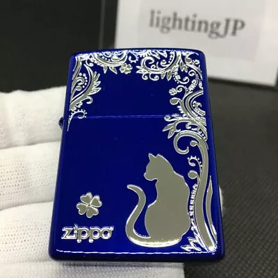 Zippo Cat Clover Design Ion Blue Silver Etching Regular Case Oil Lighter Japan • $187.72