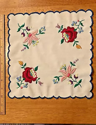 Hungarian Folk Doily MATYO Style Hand Embroidered Flowers 10  Square Blue Border • $22