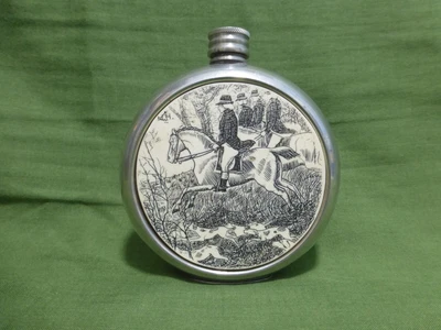 £17.99 • Buy Vintage Round Pewter Hip Flask Ceramic Hunting Scene Front Sheffield HH Signed
