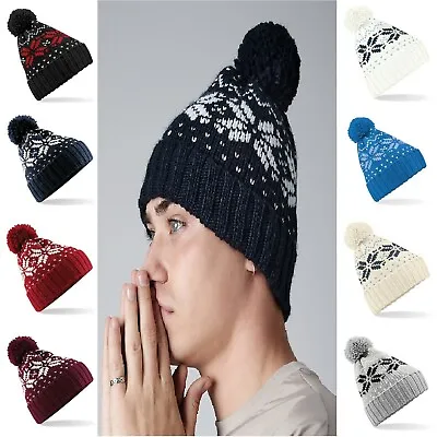 Beechfield Unisex Fair Isle Snowstar Warm Wooly Winter Beanie Bobble Hat • £6.89