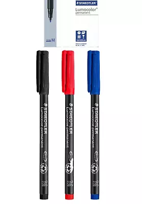 Staedtler Lumocolor Ohp Medium Tip Permanent Pens Set Of 3 (black Blue And Red) • £5.87