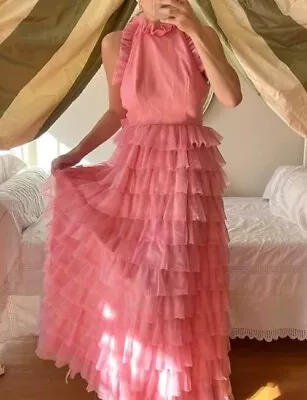 Vtg 70 Tiered Ruffle Halter Dress Pink Skirt Prom MNZ La Garconne Totokaelo Doen • $389.95