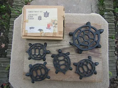 Vintage Turtle Coaster Trivet Set Orig Box 5 Ex Unused MCM RETRO Cast Iron 70s N • $49.99