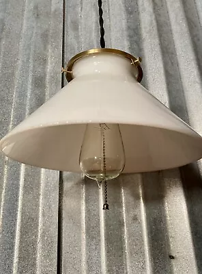 Antique Authentic Thick Milk Glass Brass Pendant Hanging  Ceiling Light • $109.95