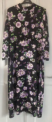 Marks And Spencer Holly Willoughby Satin Floral Midi Dress Black Mix 18 Pet Nwt • £15