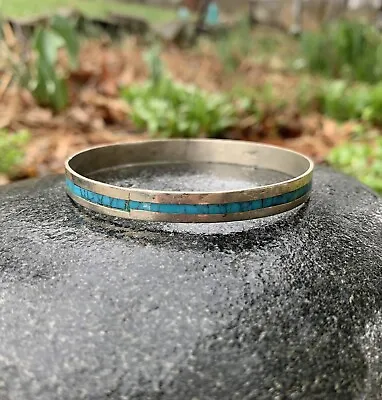 Vtg Sterling Silver Bangle Bracelet Turquoise Blue Inlay Mexico 6.5 - 7 Inch • $28