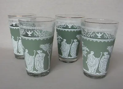 VINTAGE JEANNETTE GLASS GREEN GREEK HELLENIC 10 Oz TUMBLERS SET OF 4 • $13.99