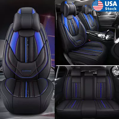 $94.49 • Buy Black+Blue PU Leather Seat Covers 5-Sits Car Cushions Front & Rear Protector Set