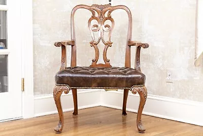 Vintage Georgian Style Tufted Leather Library Armchair • $4950