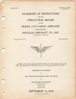 1942 Aaf Douglas C-47 Cargo Airplane Structural Repair Flight Manual Handbook-cd • $29.99