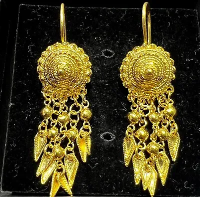 24K Solid Yellow Gold Thai/Lao/Hmong Style Dangle Hook Earrings • $1388