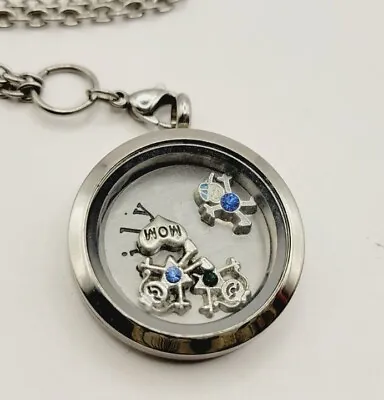 Memory Locket Necklace Silver Tone Floating Charm Family Crystals 18  • $13.49