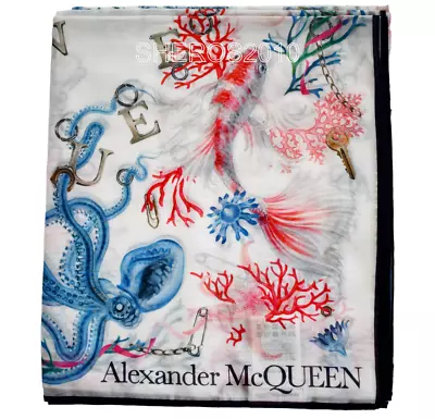 🆕️ALEXANDER MCQUEEN AQUATIC CREATURES Print COTTON SILK Oversized Scarf Pareo • $504.35