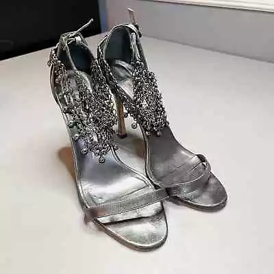 Manolo Blahnik Embellished Ankle Strap Stilettos Women EU 37 US 6.5 Silver Heels • $80