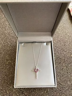 $200 • Buy Zales 14KT White Gold Pink Sapphire, Diamond Heart Cross Pendent, BNIB