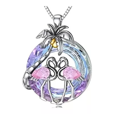 Silver Plated Crystal Flamingos In Love Circle Pendant Necklace With Palm Tree • $15.95