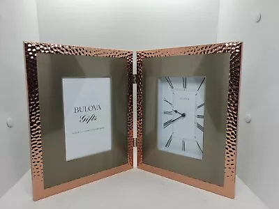 Bulova Picture Frame Clock Polished Hammered Finished Metal Frame Holds 4x6 • $24.99