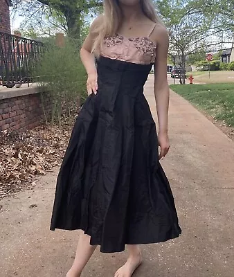 1950s Vintage Black Pink Party Dress Formal Handmade XS Jewel Bodice Full Skirt • $40