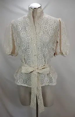 Womens Vintage Prairie Lace Top Shirt Size Medium Ivory Floral Belt Button Front • $23.79