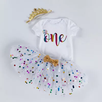 1st First Birthday Outfit Set Dress Smash Cake Party Tutu Bodysuit Romper White • $38.50