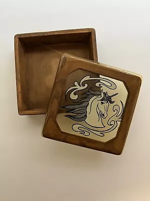 Vintage Wooden Trinket Box White Gray Unicorn Picture Detail See Through Lid • $9