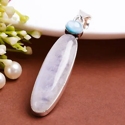 Moonstone And Larimar Gemstone Pendant 925 Sterling Silver Handmade Gift  PG216 • $15.65