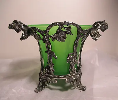 Antique Opaque Green Vaseline Glass Vase In Silver Plate Grape Vine Frame • $175