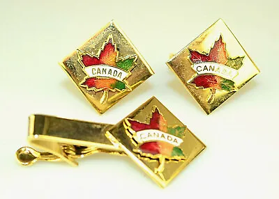 Vintage Enamel Canada Maple Leaf Cufflinks & Tie Bar Set Fall Multi Colors • $45