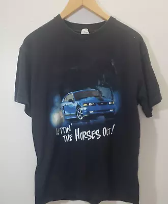 Vintage Ford Mustang T-Shirt  Lettin The Horses Out!  Mens Large Black Delta Pro • $16.89