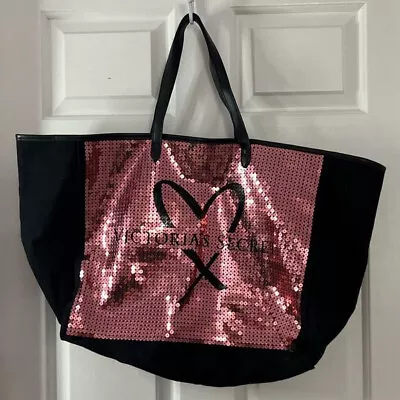 Victoria's Secret Heart Logo Pink Sequin Bling Black Tote Bag Travel Shopping • $12.99
