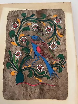 Mexican Folk Art Amate Bark Painting Vibrant Colors Floral With Bird • $19