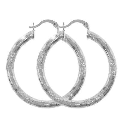 Women Silver Finish Medium Round 4mm Diamond Cutting Glitter Hoop Earrings 40mm • $11.95