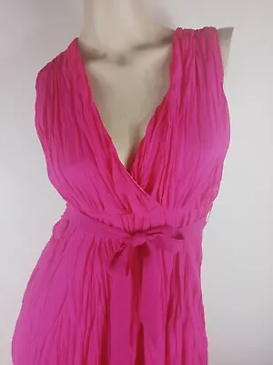 BNWT SISTER Size 14 Bright Pink Crinkle Lined Midi Dress Deep V Tie Belt  • $35