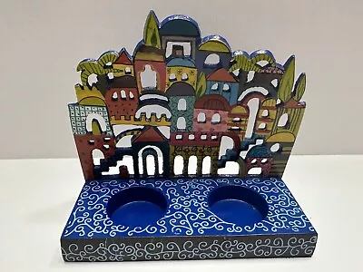 Yair Emanuel Hanukkah Menorah Judaica Jewish Oriental Metal Handpainted Signed • $40