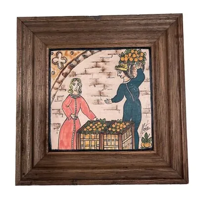 7.75” Square Wood Framed Medieval Primitive Style 4.75” X 4.75” Tile Signed Mota • £18.08