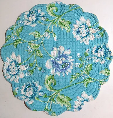 Blue Flowers Yellow Stripe Cotton Quilted Round Reversible Placemat 17  C&F ?? • $7.99