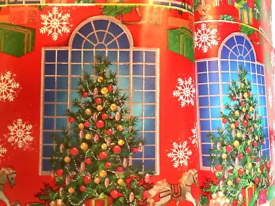 VTG CHRISTMAS WRAPPING PAPER GIFT WRAP Christmas Tree In Window Toys 2ft X 20 In • $5.77