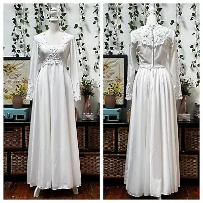 Vintage 70s Prairie Wedding Maxi Dress White Jersey Knit Lace Long Sleeves XS • $99.99