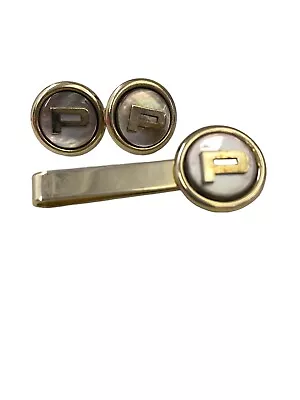 Vtg P Monogram Initial Letter Cuff Links Tie Bar Clip Set Beige Mother Of Pearl • $21.95