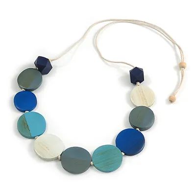 £8.99 • Buy Off White/ Grey/ Teal/ Blue Wood Button Bead Necklace With Black Cotton Cord -