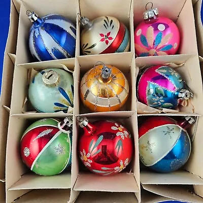 9 Vintage 3 Inch Hand Painted Hand Blown Glass Ball CHRISTMAS TREE ORNAMENTS • $33.12