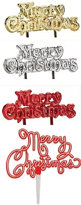 Happy Merry Christmas Cake Decorations Picks & Toppers Red Silver Gold & Wavy • £1.51