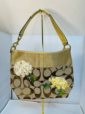 COACH SIGNATURE Floral Applique Khaki Tote Handbag LIMITED EDITION Gold Brown • $75
