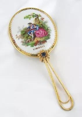 Vintage Limoges France Gilt Gold Porcelain 5  Hand Mirror With Rhinestone Flower • $29