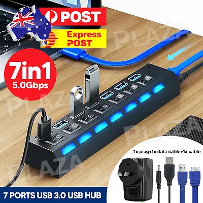 7 Port USB 3.0 HUB Powered +High Speed Splitter Extender PC AC Adapter Cable • $14.85