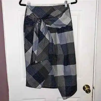 $32 • Buy Zara Trafaluc Striped Grey & Blue Plaid Asymmetrical Side Tie Academia Skirt XS