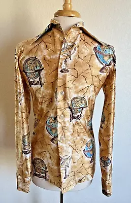 Mens 1970s Polyester Disco Vintage Shirt Globe Print Geography Teacher? • $24.99