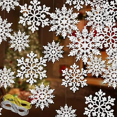 46 Pcs White Glitter Snowflake Ornaments Various Size Plastic Winter Snowflakes • $11.68