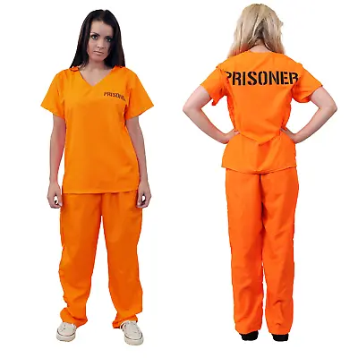 Womens Prisoner Costume Orange Top Trousers Convict Halloween Fancy Dress 8/20 • £18.99
