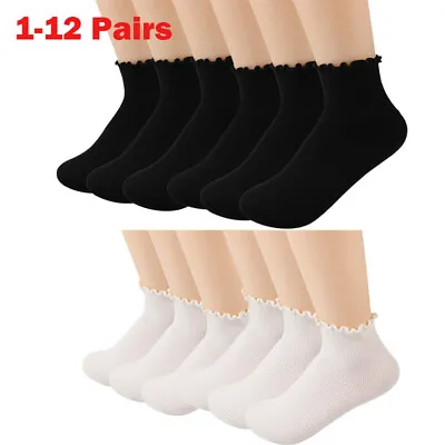 $7.49 • Buy 1-12 Pairs Women Socks Ruffle Turn-Cuff Ankle Casual Socks Plain Relent Sock LOT